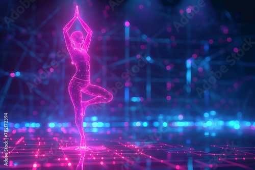 Experience tranquility with a glowing, translucent background as a girl practices yoga in wireframe visualization