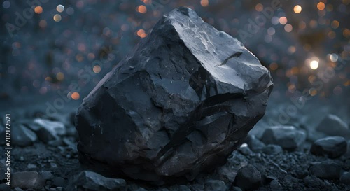 A large piece of shiny black coal sits on a pile of smaller pieces of coal against a blurred background of twinkling lights.