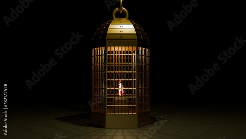 3D rendering of an ignited candle inside an antique golden lantern. 
