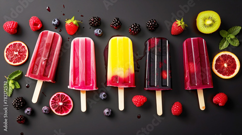 A variety of colorful fruit popsicles surrounded by fresh fruits on a dark background
