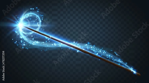 An illustration of luminous lines with glitter particles, magic energy twirl, and wizard spells in a realistic magic wand.