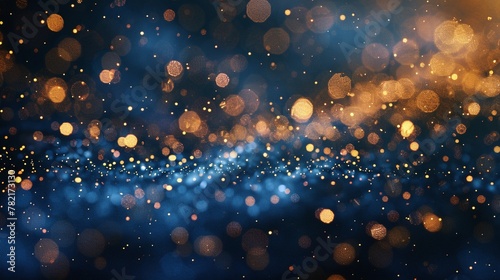 sparkling merry christmas and happy new year banner on blue holiday abstract glitter background, with festive bokeh of blinking stars and christmas lights, creating joyful celebration atmosphere photo