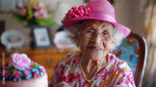 A Century of Radiance Attractive Bright Senior Woman Celebrating Her Hundredth Birthday with Joy and Grace
 photo