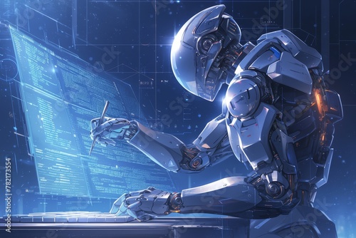 A robot with metallic skin, writing code on the computer screen in front of him. The background is dark and there's an atmosphere of technology and innovation. photo