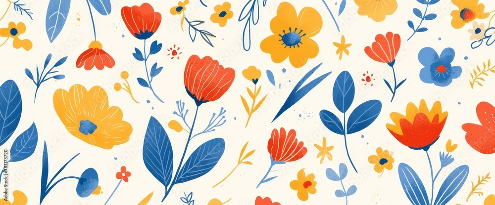 A seamless pattern of hand drawn flowers in red, orange and blue, flat vector illustration with soft gradients
