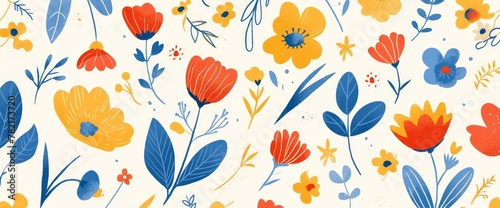 A seamless pattern of hand drawn flowers in red, orange and blue, flat vector illustration with soft gradients © Photo And Art Panda