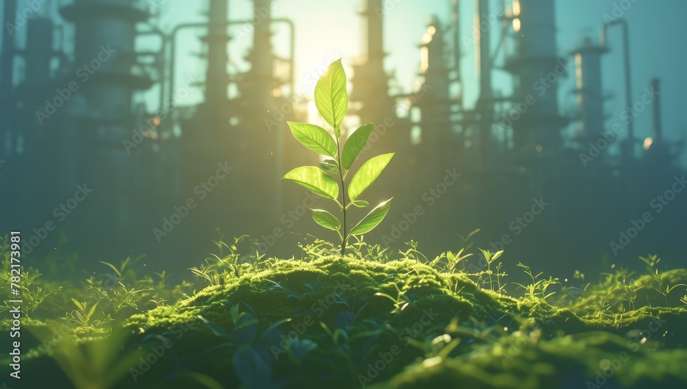A small green tree in the foreground with an industrial plant behind it, symbolizing ecofriendly production practices and sustainability for sustainable product packaging. 