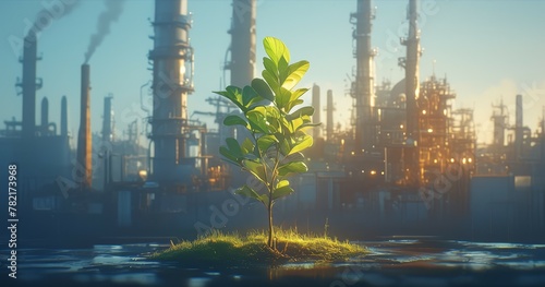 A small green tree in the foreground with an industrial plant behind it, symbolizing ecofriendly production practices and sustainability for sustainable product packaging.  photo