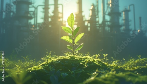 A small green tree in the foreground with an industrial plant behind it, symbolizing ecofriendly production practices and sustainability for sustainable product packaging.  photo