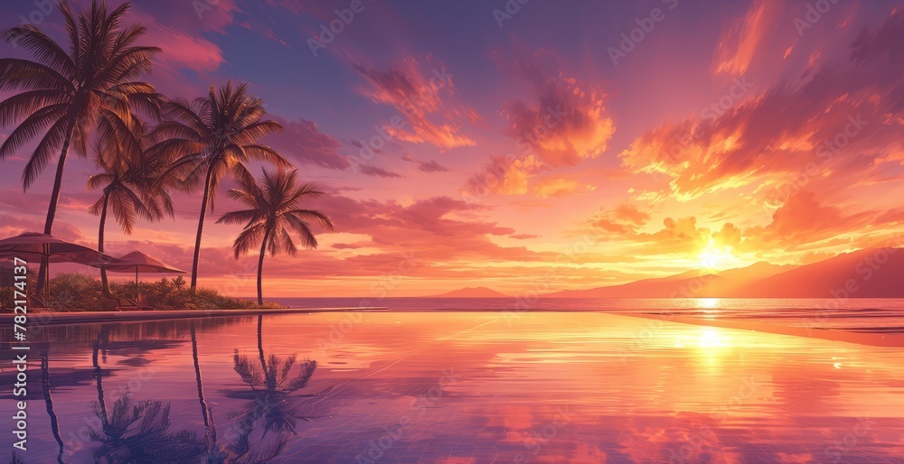 A stunning sunset over the pool at a Hawaii beach, with palm trees silhouetted against an orange sky and reflecting in the clear water of the swimming area. 