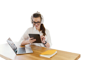 A young female education student uses an online learning tablet. Isolated background.