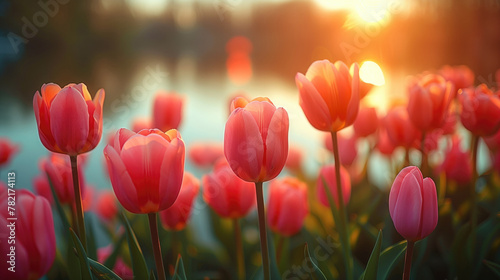 Closeup red tulips in pastel coral tints at blurry background, Fresh spring flowers in the garden with soft sunlight for your horizontal floral poster, wallpaper or holidays card, generative ai