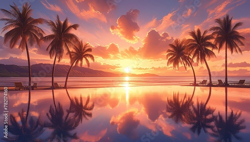 A stunning sunset over the pool at a Hawaii beach  with palm trees silhouetted against an orange sky and reflecting in the clear water of the swimming area.
