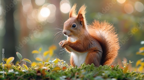cute red squirrel, sciurus vulgaris, with long ears and fluffy tail eating a nut in green spring forest with copy space, lovely wild animal feeding photo