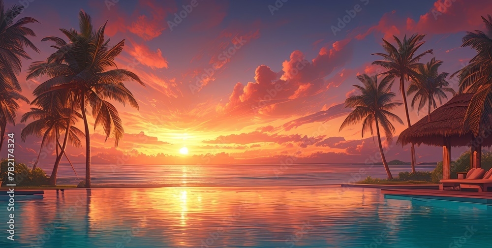 A stunning sunset over the pool at an island resort, with palm trees silhouetted against the vibrant orange and red sky. 