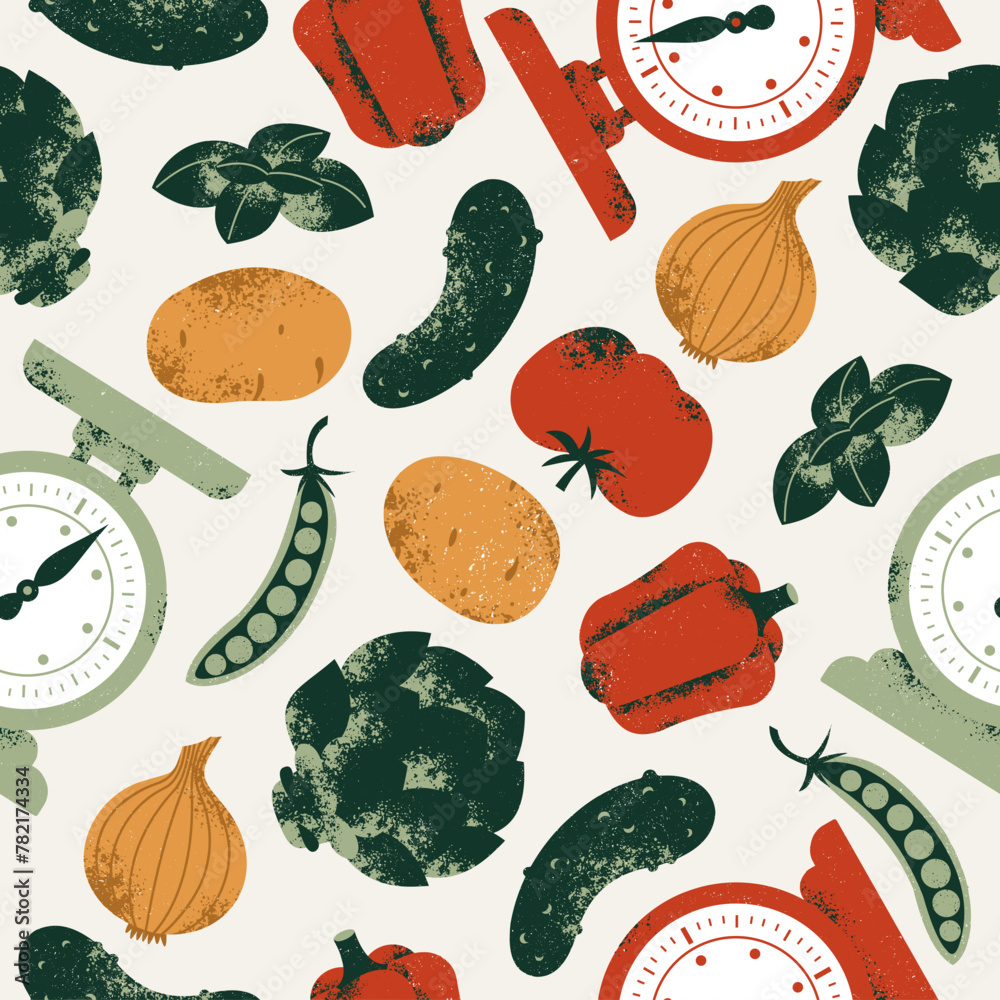 Kitchen scale with the various food. Artichoke with tomato and basil with potato and peas. Seamless pattern. Vector illustration - obrazy, fototapety, plakaty 