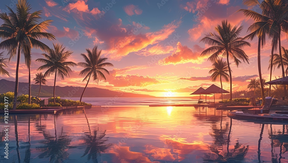 A stunning sunset over the pool in Hawaii, with palm trees and vibrant colors reflecting in the water. 