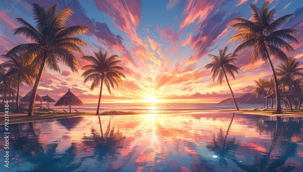 A stunning sunset over the pool in Hawaii, with palm trees and vibrant colors reflecting in the water. 