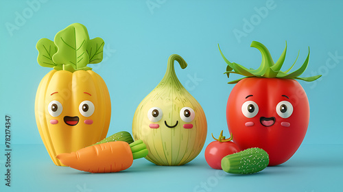 Happy Vegetables Cute Cartoon 3D Collection Simple Background, generative Ai