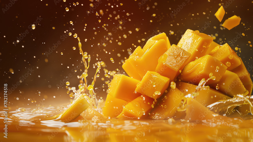 Ripe mango with juicy splash on warm background
