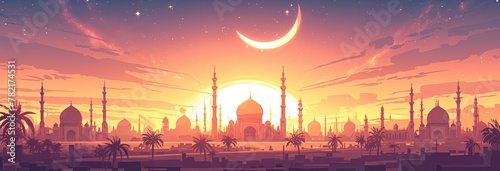 A stunning vector illustration of the radiant sunset sky over an Islamic city with tall minarets and domes, adorned with stars and planets in space.  photo