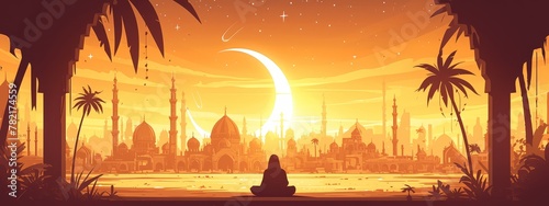 A stunning vector illustration of the radiant sunset sky over an Islamic city with tall minarets and domes, adorned with stars and planets in space. 