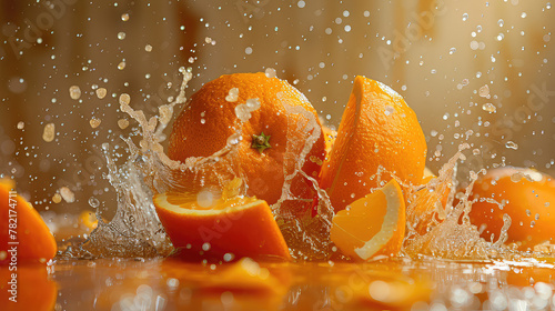 Freshly cut oranges with water splash burst photo