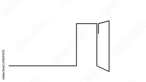 Open door silhouette self drawing animation. Animated line on white background.