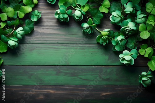 An overhead view of vibrant green clovers spread across a dark wooden surface, depicting a natural and rustic theme