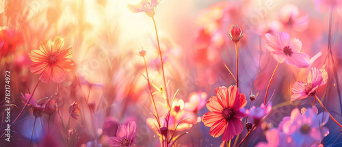 Cosmos flowers glowing in warm sunset light