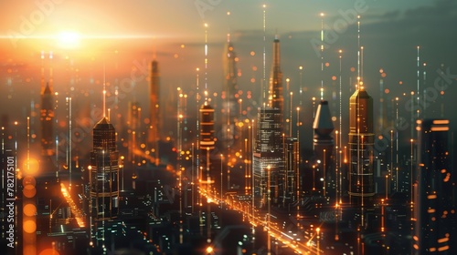 Futuristic city with wireless network connection concept , abstract communication technology concept, generative ai