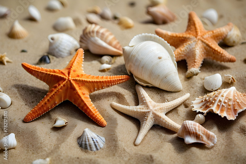 A close-up view of various colorful seashells and starfish scattered on a sandy beach, representing the diversity of marine life