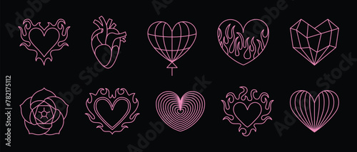 Vector design set, flames and fire, acid neo tribal shapes, y2k elements and abstract illustrations in gothic style, heart and love symbols, gothic and acid tattoos and print templates..