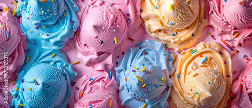 Delicious ice creams with sprinkles and toppings