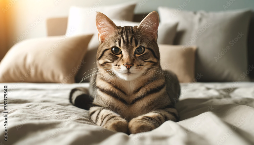 A serene tabby cat lying comfortably on a soft bed. The cat has distinctive striped markings on its coat