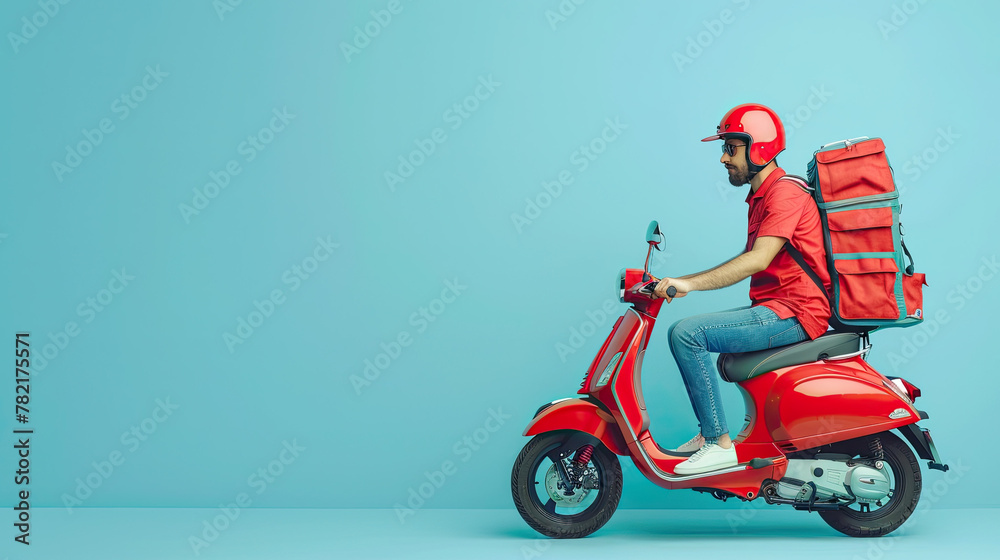 Side view of delivery man wearing red driving a moped motorcycle. isolated on pastel blue background Side view of delivery man wearing red driving a moped motorcycle. isolated on pastel blue background