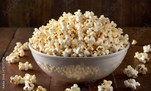 A bowl of freshly popped popcorn on a wooden surface, capturing the texture and detail of each kernel.