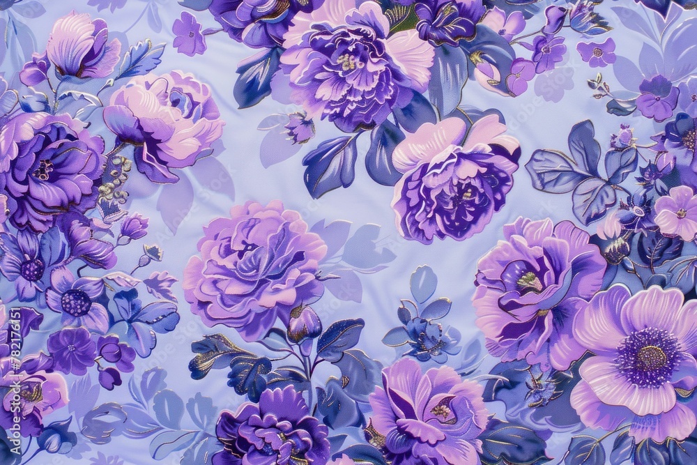 Obraz premium Purple and Blue Flowers Blooming on a Vibrant Blue Background with Soft Focus Background Flowers