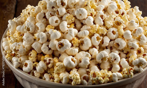 A bowl of freshly popped popcorn on a wooden surface, capturing the texture and detail of each kernel.