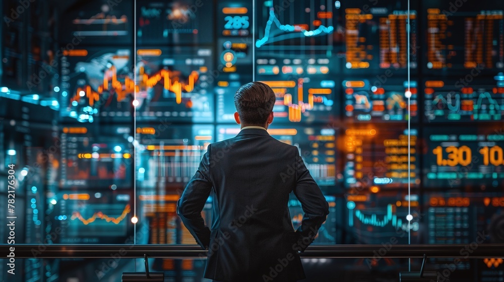 finance manager studying stock market indicators for optimal investment strategy with financial data and charts finance manager studying stock market indicators for optimal investment strategy with financial data and charts