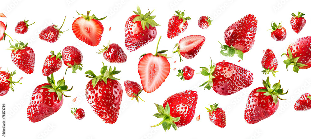 Strawberries. Falling strawberry fruits whole and cut isolated on white background Strawberries. Falling strawberry fruits whole and cut isolated on white background