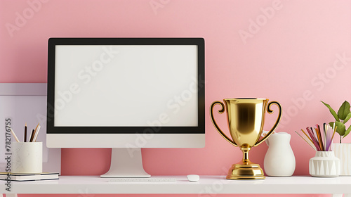trophée en or à côté d'un écran d'ordinateur pour l'élection du meilleur site internet de l'année - fond rose - illustration