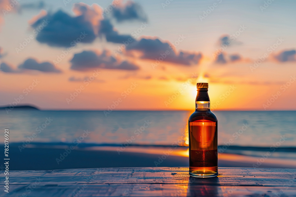 Bottle of whisky on the beach with the sea and sunset in background