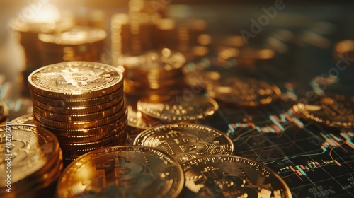 Bitcoin coins background close up view © nikola-master