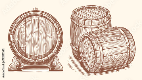 Oak barrel, hand drawn vector illustration. Wooden cask sketch drawing
