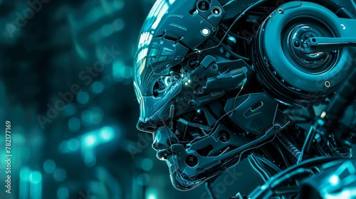 A robot head with a digital brain engine on a sci fi background  photo