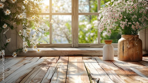 Empty Wooden Tabletop With Spring Window View and Flowers. © _veiksme_