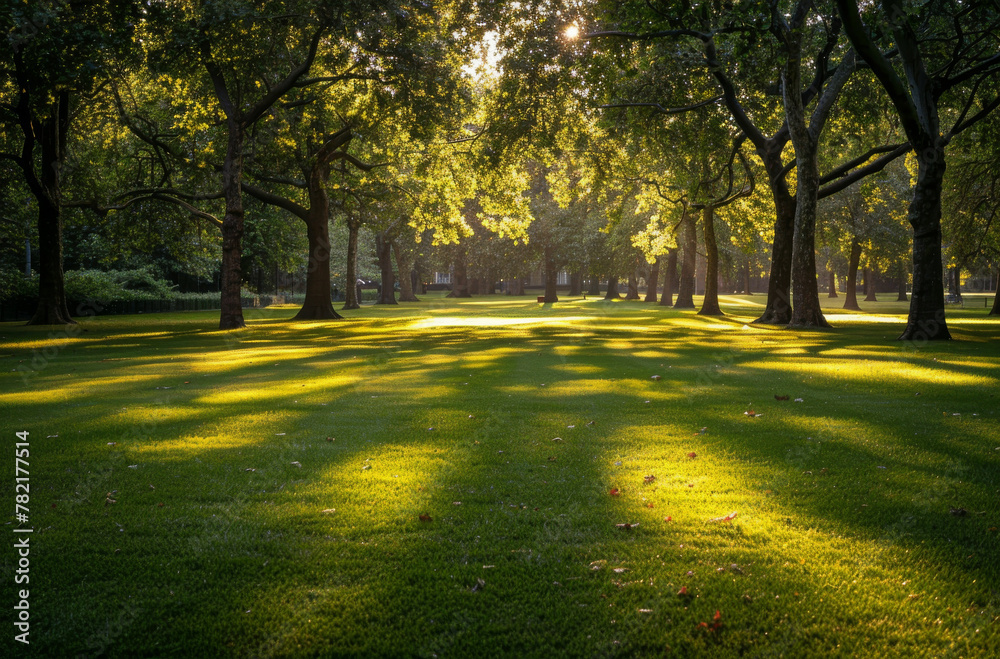 Naklejka premium the sun is shining through the trees in the park