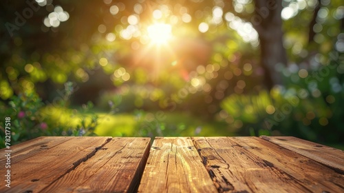 Wooden Garden Tabletop With Summer Blurred Background.