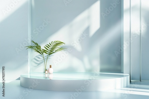 Minimalist product display on a sleek white podium with tropical plant photo